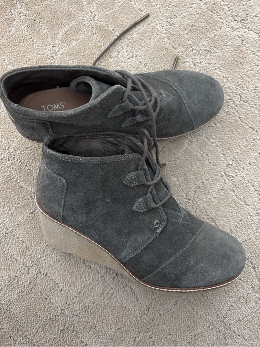 TOMS Charcoal Gray Suede Lace-Up Wedge Booties - Women's